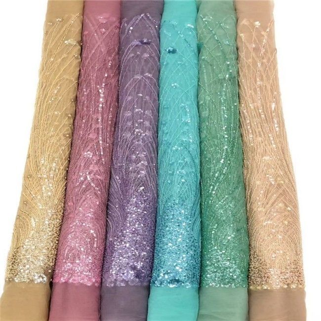 5 Yards Multi-Color Colorful Rainbow Sequined Beaded Embroidered 3D Floral Lace Material Fabric JLT088