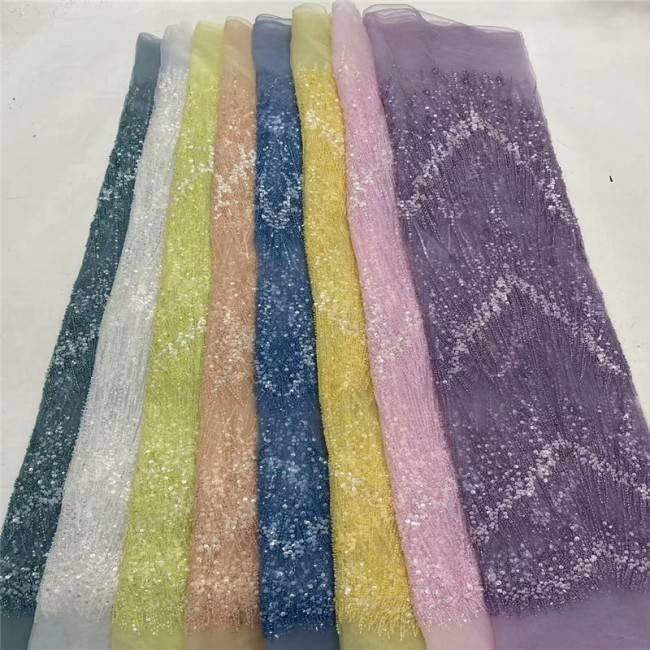 5 Yards Multi-Color Colorful Rainbow Sequined Beaded Embroidered 3D Floral Lace Material Fabric JLT100