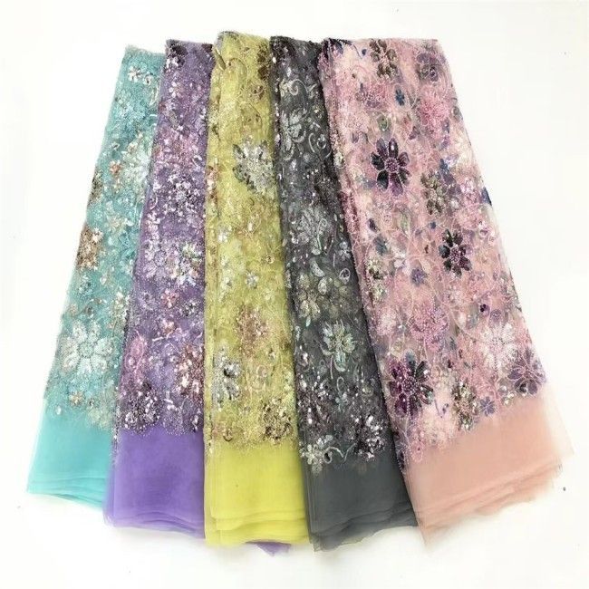 5 Yards Multi-Color Colorful Rainbow Sequined Beaded Embroidered 3D Floral Lace Material Fabric JLT113
