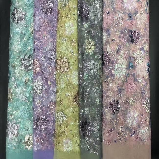 5 Yards Multi-Color Colorful Rainbow Sequined Beaded Embroidered 3D Floral Lace Material Fabric JLT113
