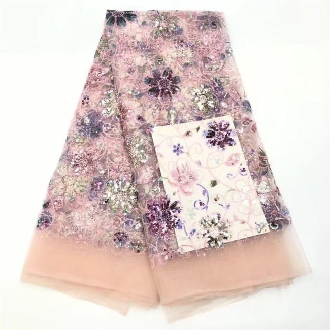 5 Yards Multi-Color Colorful Rainbow Sequined Beaded Embroidered 3D Floral Lace Material Fabric JLT113