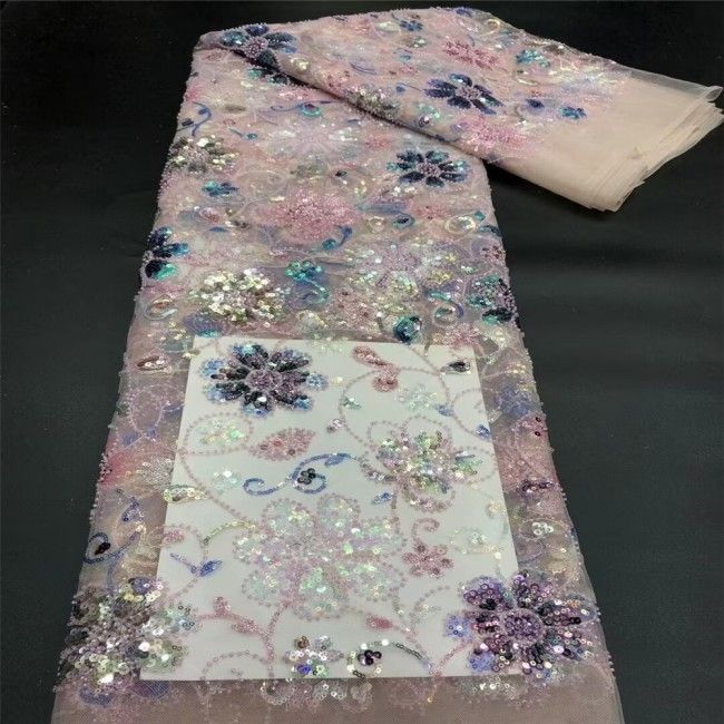 5 Yards Multi-Color Colorful Rainbow Sequined Beaded Embroidered 3D Floral Lace Material Fabric JLT113