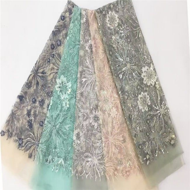 5 Yards Multi-Color Colorful Rainbow Sequined Beaded Embroidered 3D Floral Lace Material Fabric JLT115