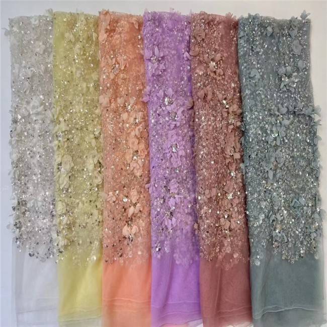 5 Yards Multi-Color Colorful Rainbow Sequined Beaded Embroidered 3D Floral Lace Material Fabric JLT116