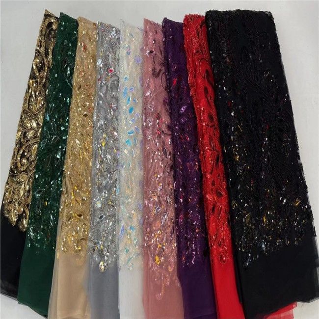 5 Yards Multi-Color Colorful Rainbow Sequined Beaded Embroidered 3D Floral Lace Material Fabric JLT122