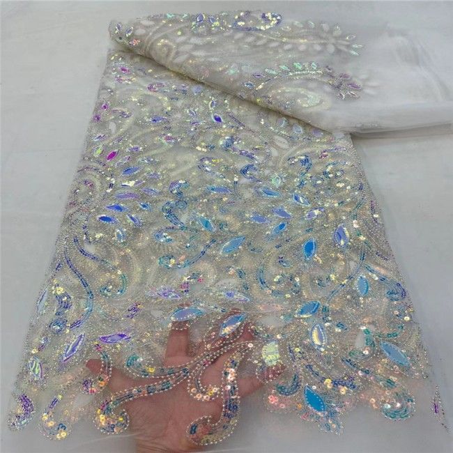 5 Yards Multi-Color Colorful Rainbow Sequined Beaded Embroidered 3D Floral Lace Material Fabric JLT122