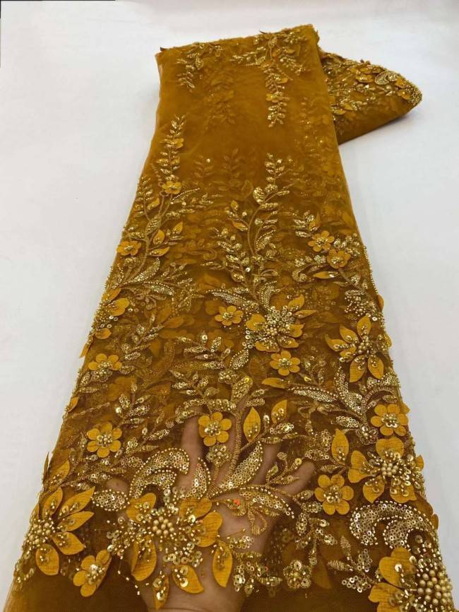 5 Yards Beaded Embroidered 3D Floral Lace Material Fabric