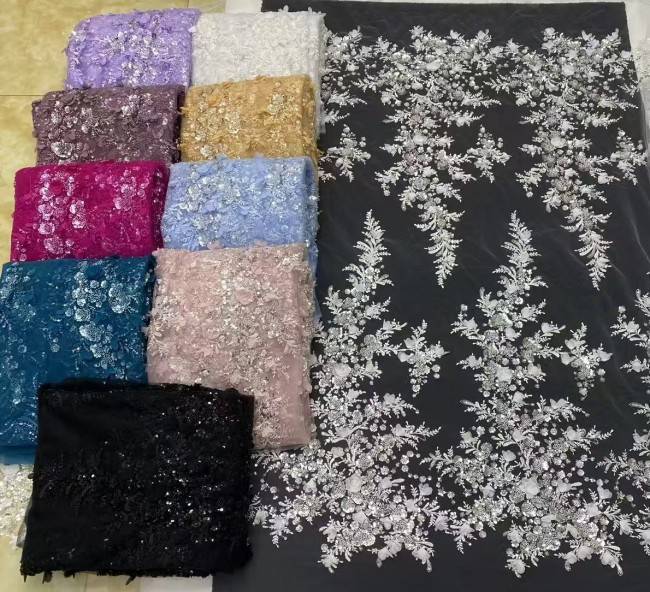 5 Yards Tulle Beaded Embroidered 3D Floral Lace Material Fabric HL053