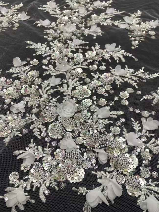 5 Yards Tulle Beaded Embroidered 3D Floral Lace Material Fabric HL053