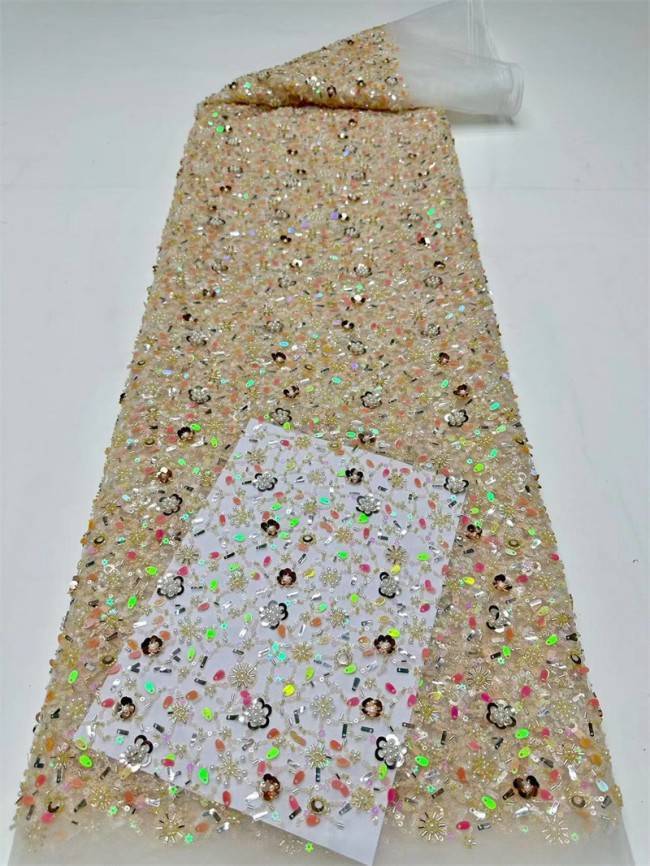 5 Yards Multi-Color Tulle Sequined Beaded Embroidered Lace Material Fabric PFS007
