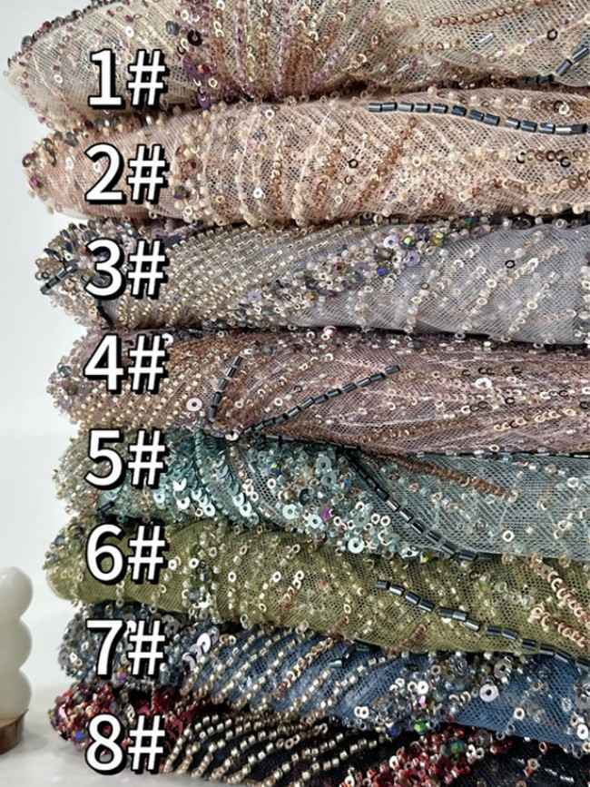 5 Yards Multi-Color Tulle Sequined Beaded Embroidered Lace Material Fabric PFS008
