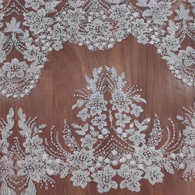5 Yards White Tulle Beaded Embroidered Bridal Lace Material Fabric RX093