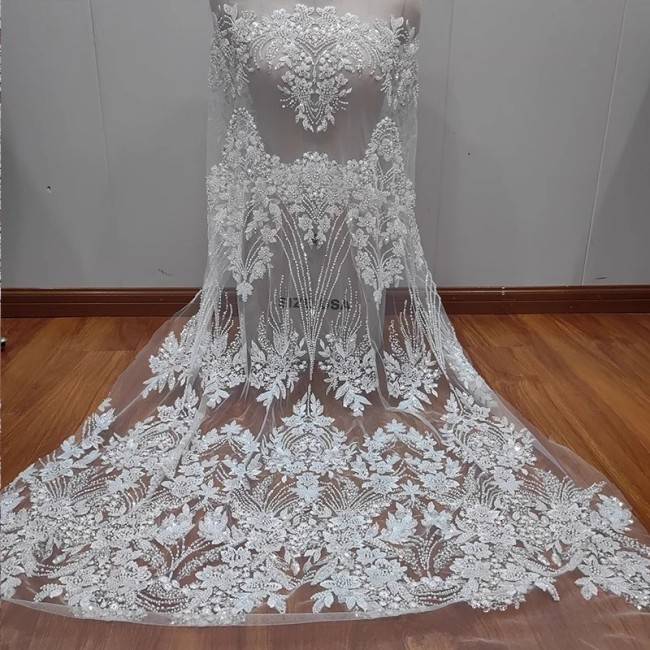 5 Yards White Tulle Beaded Embroidered Bridal Lace Material Fabric RX093