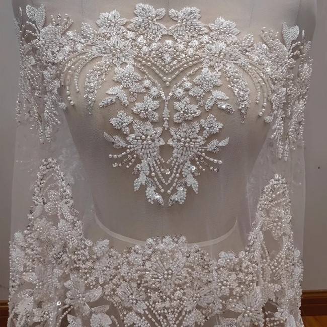 5 Yards White Tulle Beaded Embroidered Bridal Lace Material Fabric RX093