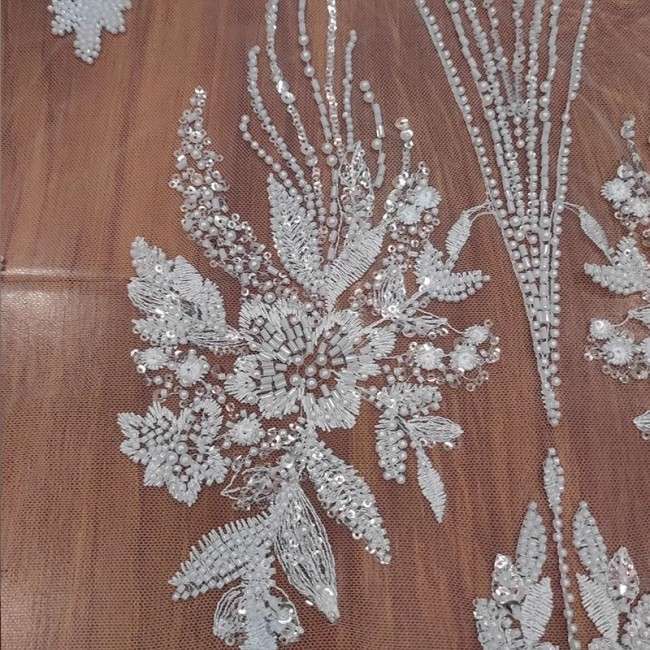 5 Yards White Tulle Beaded Embroidered Bridal Lace Material Fabric RX093