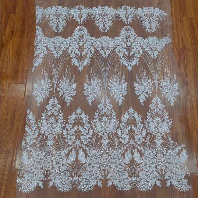 5 Yards White Tulle Beaded Embroidered Bridal Lace Material Fabric RX093