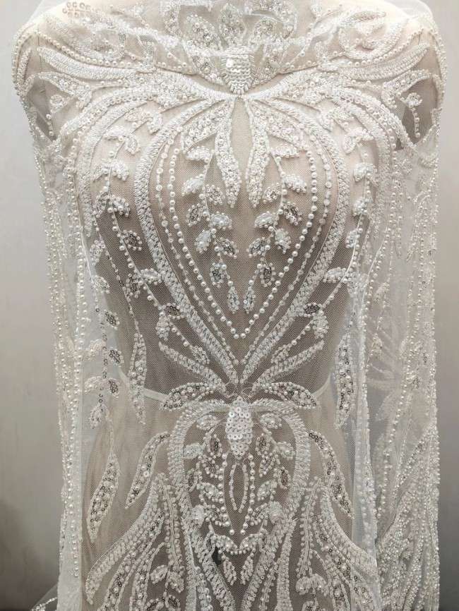 1 Yard White Tulle Beaded Embroidered Bridal Lace Material Fabric RX095