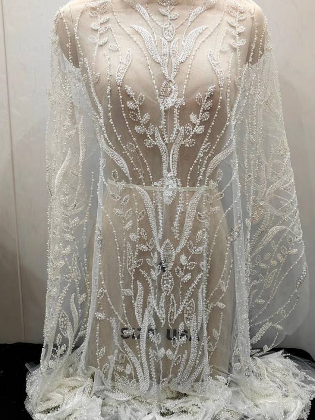 1 Yard White Tulle Beaded Embroidered Bridal Lace Material Fabric RX095