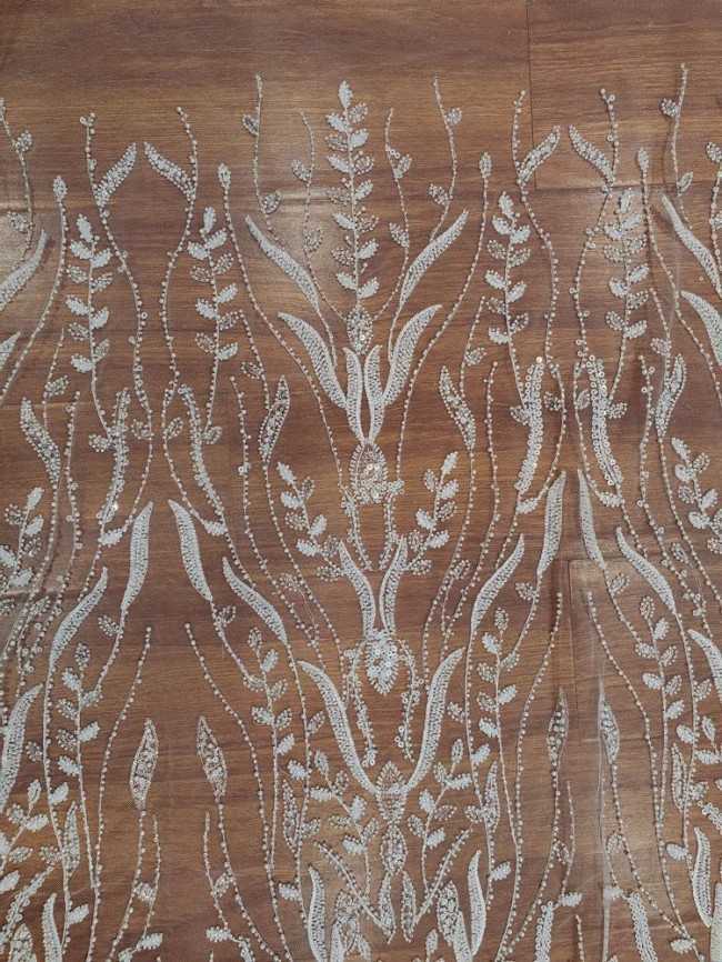 1 Yard White Tulle Beaded Embroidered Bridal Lace Material Fabric RX095