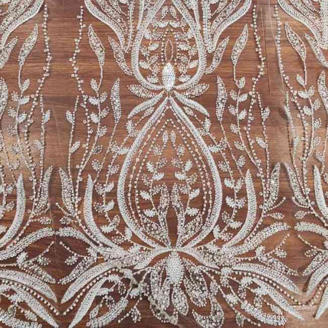1 Yard White Tulle Beaded Bridal Lace Material Fabric
