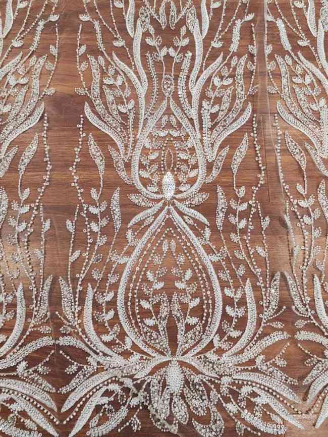 1 Yard White Tulle Beaded Embroidered Bridal Lace Material Fabric RX095
