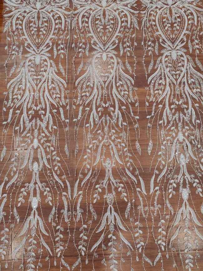 1 Yard White Tulle Beaded Embroidered Bridal Lace Material Fabric RX095