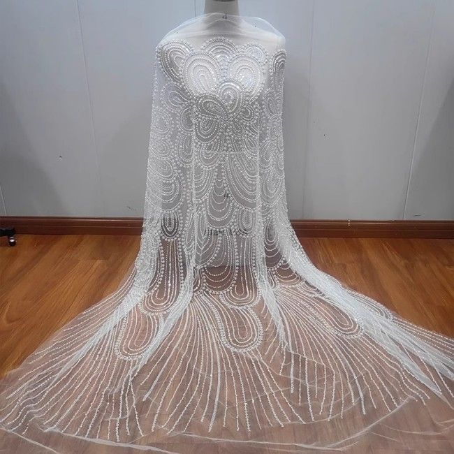 1 Yard White Tulle Beaded Embroidered Bridal Lace Material Fabric RX096