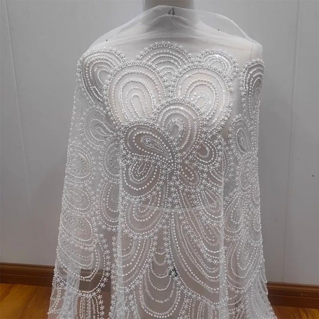 1 Yard White Tulle Beaded Embroidered Bridal Lace Material Fabric RX096