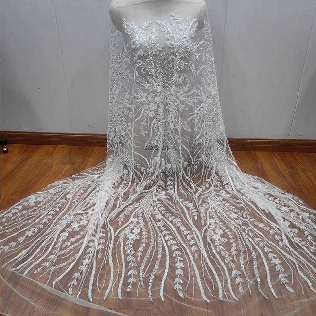 1 Yard White Tulle Beaded Bridal Lace Material Fabric RX097
