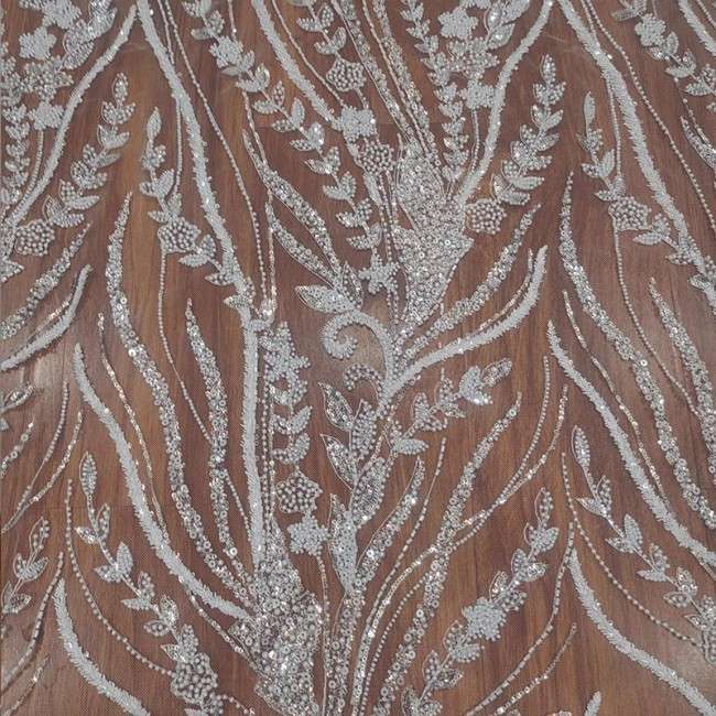 1 Yard White Tulle Beaded Bridal Lace Material Fabric RX097