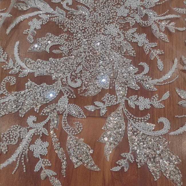 1 Yard White Tulle Beaded Bridal Lace Material Fabric RX097