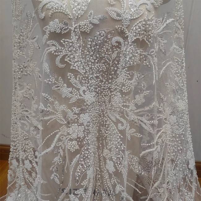 1 Yard White Tulle Beaded Bridal Lace Material Fabric RX097