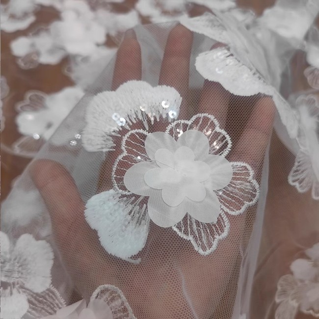 1 Yard White Tulle Beaded Embroidered Bridal Lace Material Fabric RX098