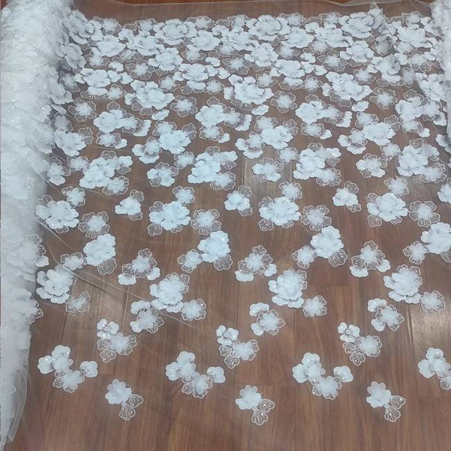 1 Yard White Tulle Beaded Embroidered Bridal Lace Material Fabric RX098