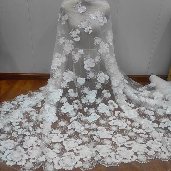 1 Yard White Tulle Beaded Embroidered Bridal Lace Material Fabric RX098