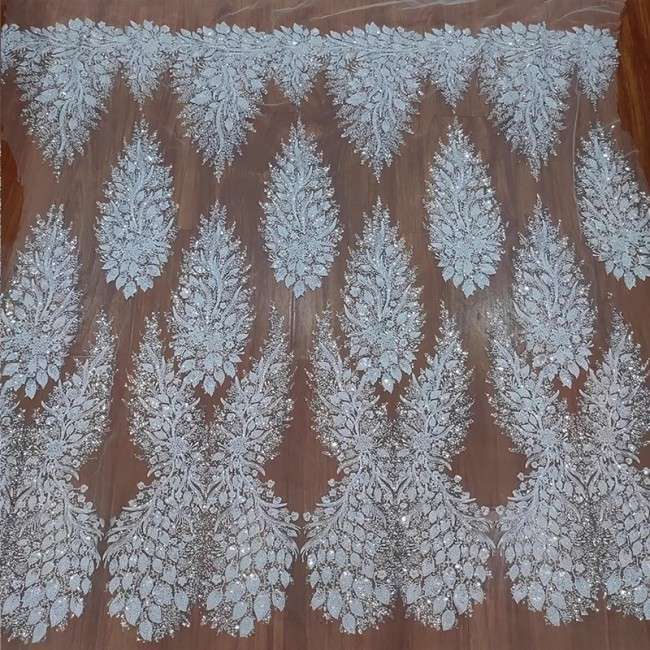1 Yard White Tulle Beaded Embroidered Bridal Lace Material Fabric RX099