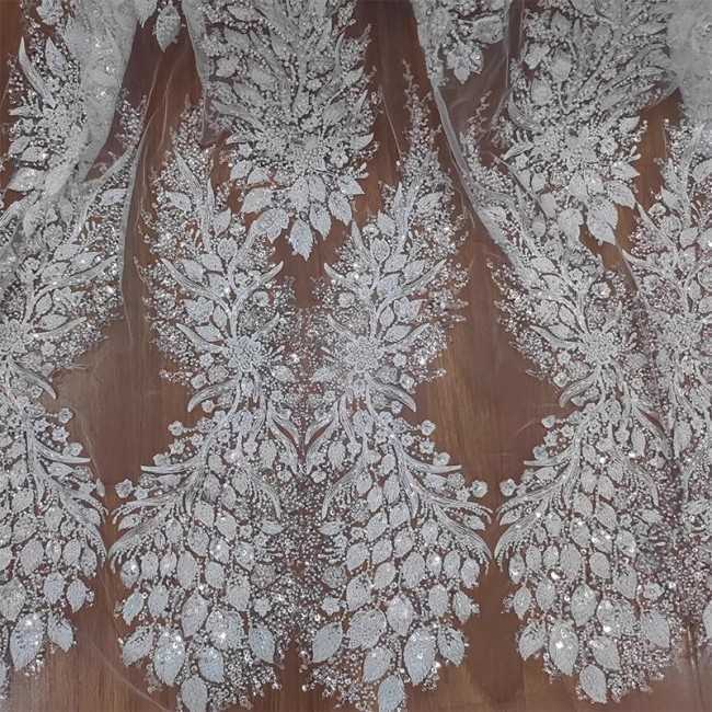 1 Yard White Tulle Beaded Embroidered Bridal Lace Material Fabric RX099
