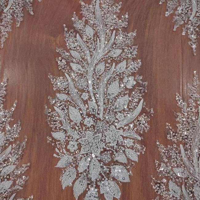 1 Yard White Tulle Beaded Embroidered Bridal Lace Material Fabric RX099