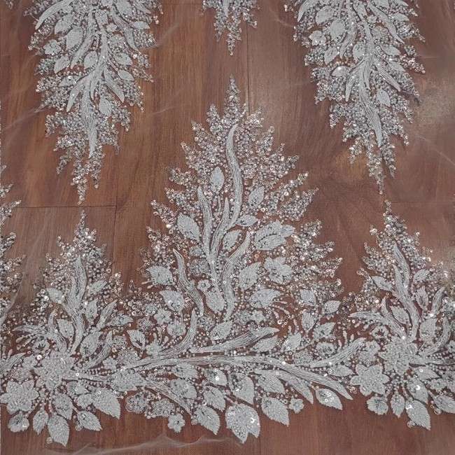 1 Yard White Tulle Beaded Embroidered Bridal Lace Material Fabric RX099