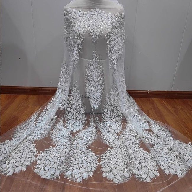 1 Yard White Tulle Beaded Embroidered Bridal Lace Material Fabric RX099