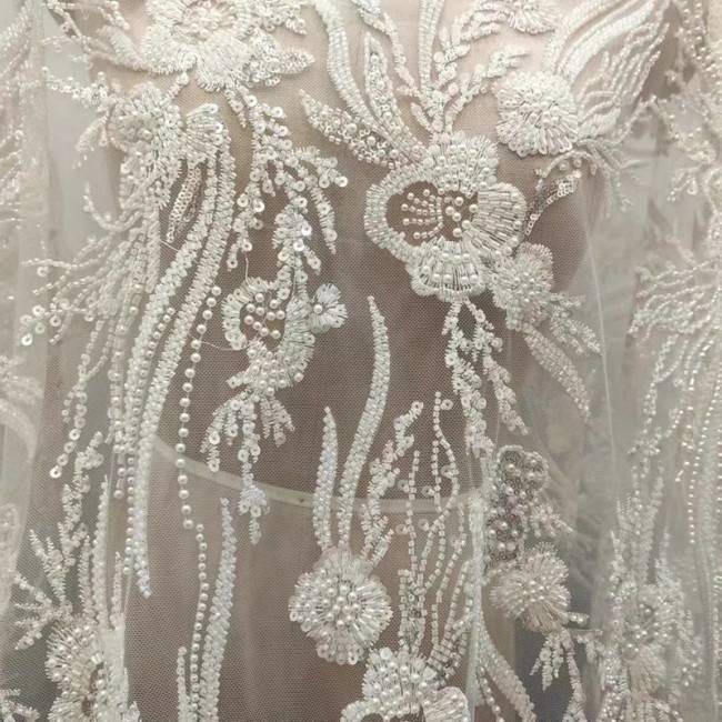 1 Yard White Tulle Beaded Embroidered Bridal Lace Material Fabric RX102