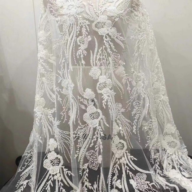 1 Yard White Tulle Beaded Embroidered Bridal Lace Material Fabric RX102