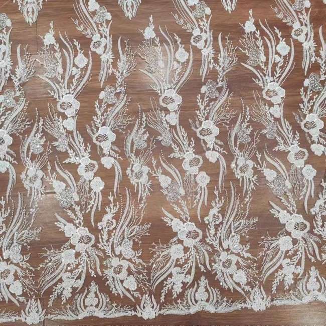 1 Yard White Tulle Beaded Embroidered Bridal Lace Material Fabric RX102