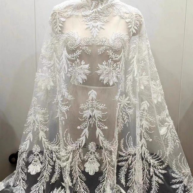 1 Yard White Tulle Beaded Embroidered Bridal Lace Material Fabric RX103