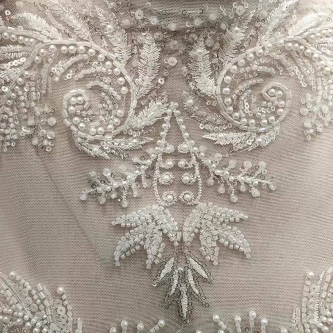 1 Yard White Tulle Beaded Embroidered Bridal Lace Material Fabric RX103