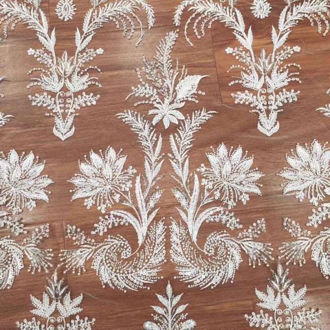 1 Yard White Tulle Beaded Embroidered Bridal Lace Material Fabric RX103