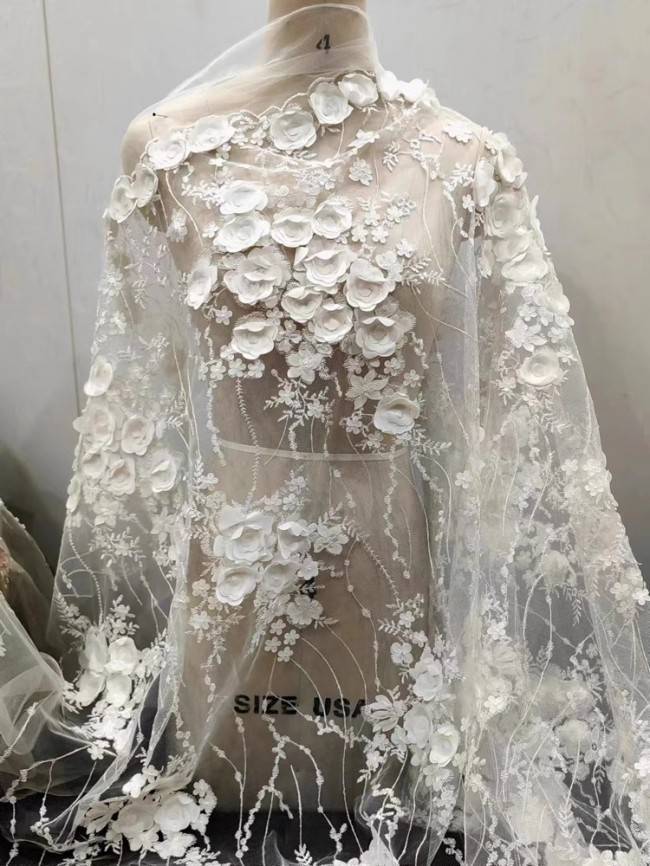1 Yard White Tulle Beaded Embroidered Bridal Lace Material Fabric RX105