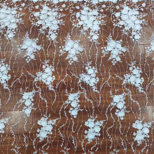 1 Yard White Tulle Beaded Embroidered Bridal Lace Material Fabric RX105