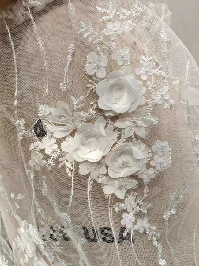 1 Yard White Tulle Beaded Embroidered Bridal Lace Material Fabric RX105