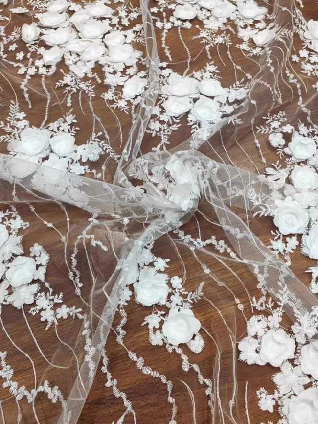 1 Yard White Tulle Beaded Embroidered Bridal Lace Material Fabric RX105
